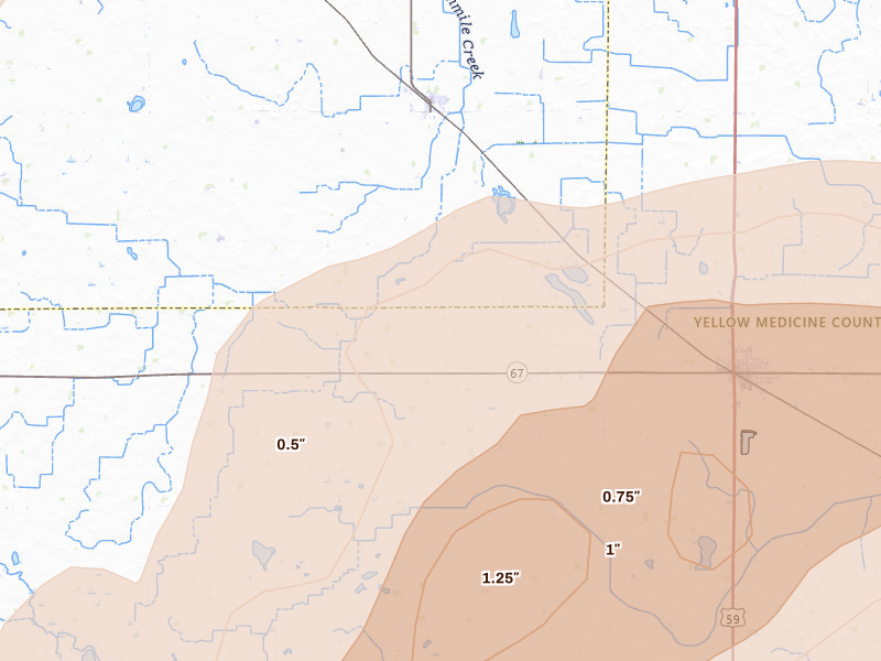 Radar-estimated hail-size map of the storm over Boyd, MN on Aug 6, 2026