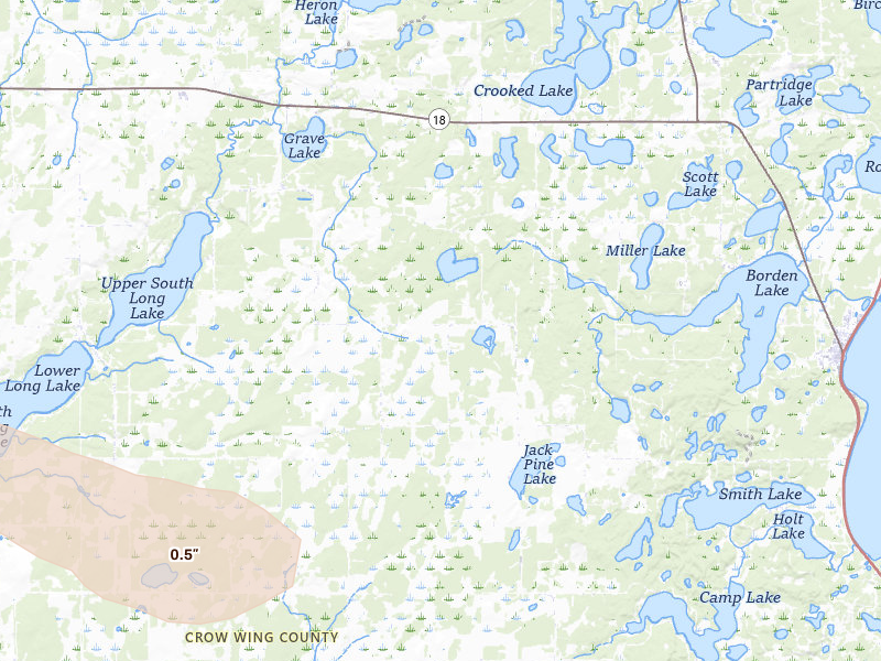 Radar-estimated hail-size map of the storm over Brainerd, MN on Jun 19, 2026