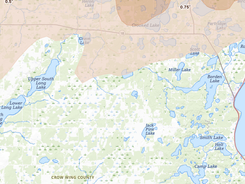 Radar-estimated hail-size map of the storm over Brainerd, MN on Jun 29, 2026