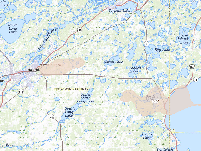 Radar-estimated hail-size map of the storm over Brainerd, MN on Aug 7, 2026