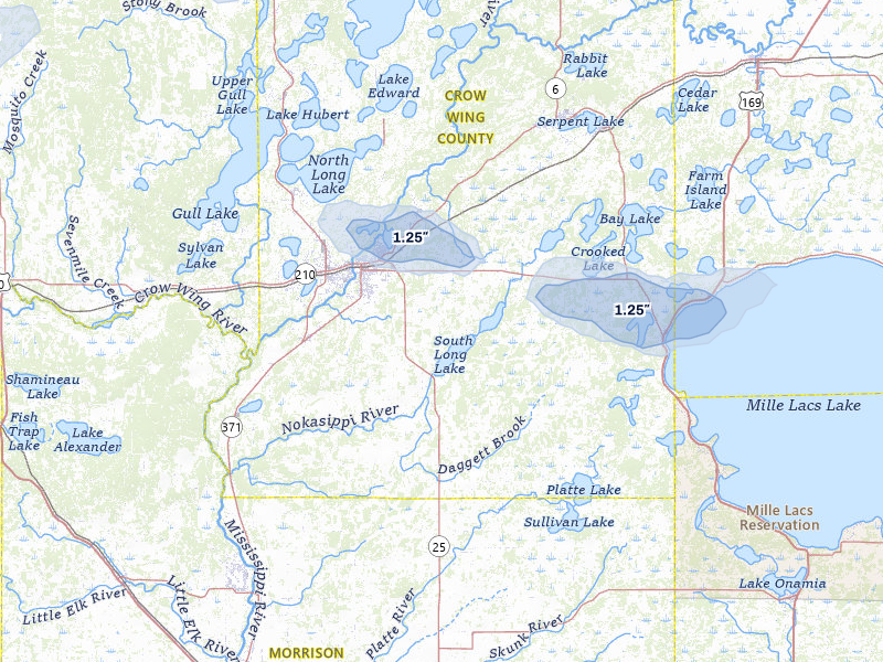 NEXRAD radar-signature map of the hail storm over Brainerd, MN on Aug 7, 2026