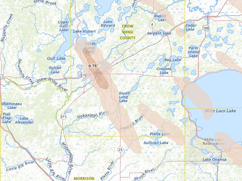 Radar-estimated hail-size map of the storm over Brainerd, MN on Aug 20, 2026