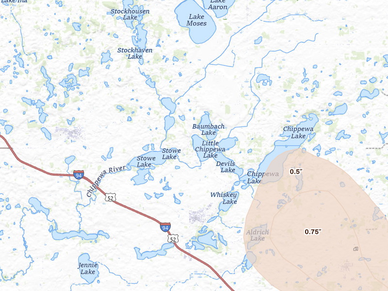 Radar-estimated hail-size map of the storm over Brandon, MN on Jun 5, 2026