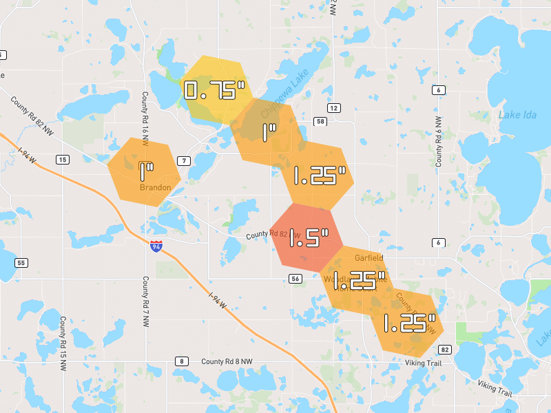 Hail map of Brandon, MN on Jun 5, 2026, hail up to 1.5"