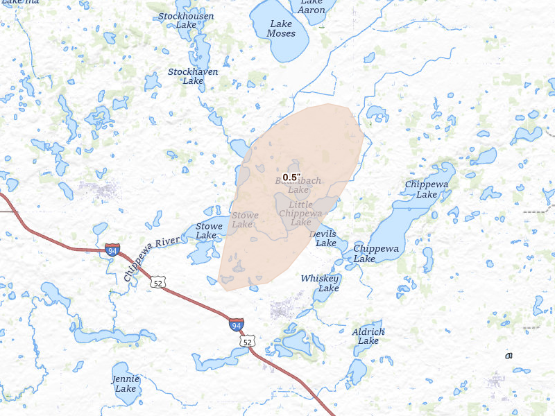 Radar-estimated hail-size map of the storm over Brandon, MN on Jun 9, 2026