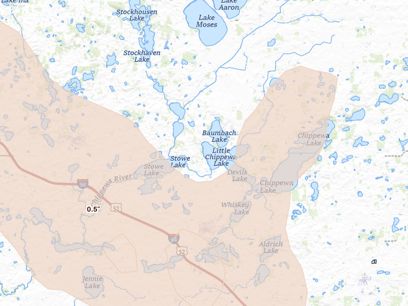 Radar-estimated hail-size map of the storm over Brandon, MN on Jul 6, 2026