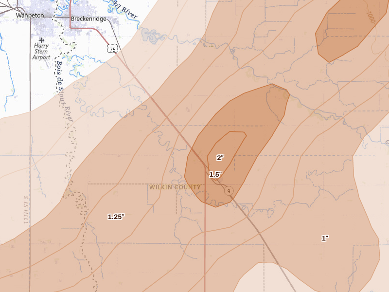 Radar-estimated hail-size map of the storm over Breckenridge, MN on Jun 29, 2026