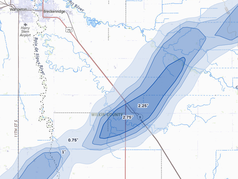 NEXRAD radar-signature map of the hail storm over Breckenridge, MN on Jun 29, 2026