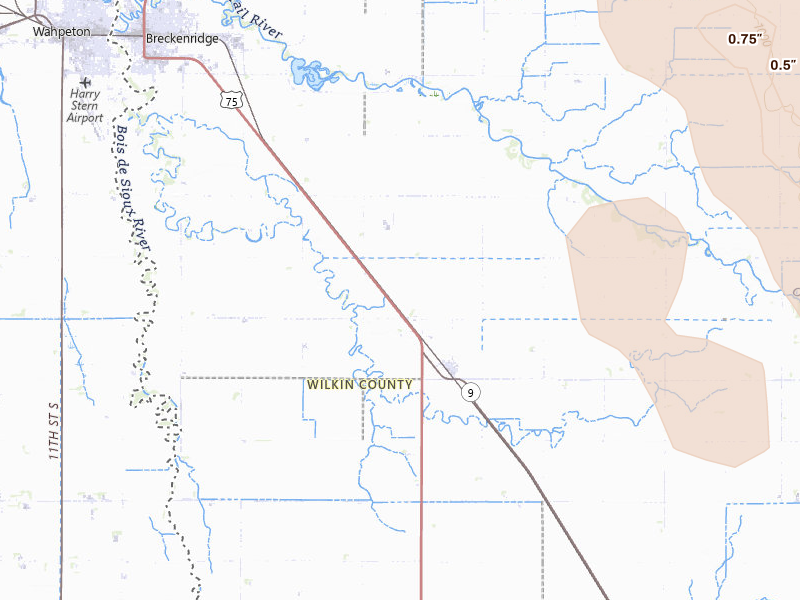 Radar-estimated hail-size map of the storm over Breckenridge, MN on Jul 3, 2026