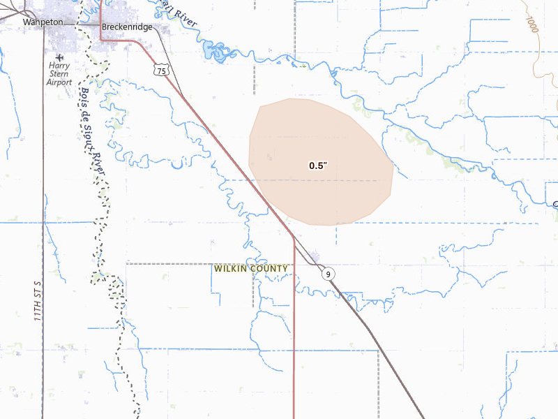 Radar-estimated hail-size map of the storm over Breckenridge, MN on Jul 4, 2026