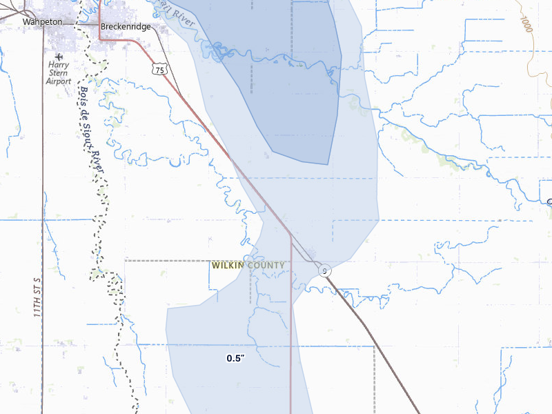 NEXRAD radar-signature map of the hail over Breckenridge, MN