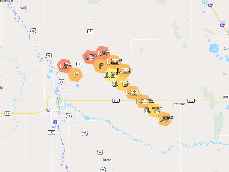 Hail map of Breckenridge, MN on Jul 4, 2026, hail up to 1.5"