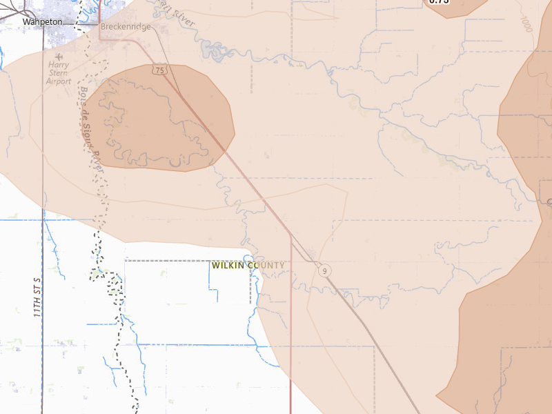 Radar-estimated hail-size map of the storm over Breckenridge, MN on Jul 6, 2026
