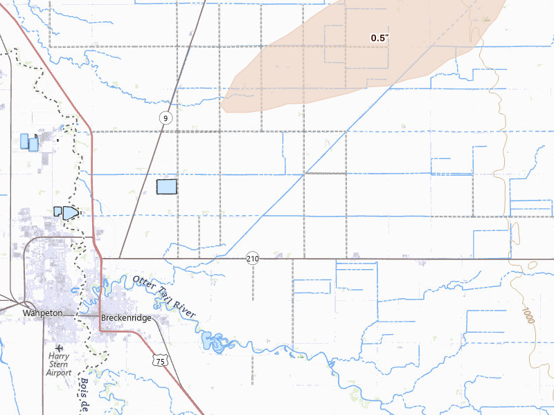 Radar-estimated hail-size map of the storm over Breckenridge, MN on Aug 3, 2026