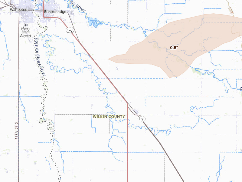 Radar-estimated hail-size map of the storm over Breckenridge, MN on Sep 3, 2026
