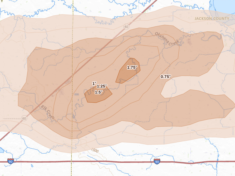 Radar-estimated hail-size map of the storm over Brewster, MN on Apr 13, 2026