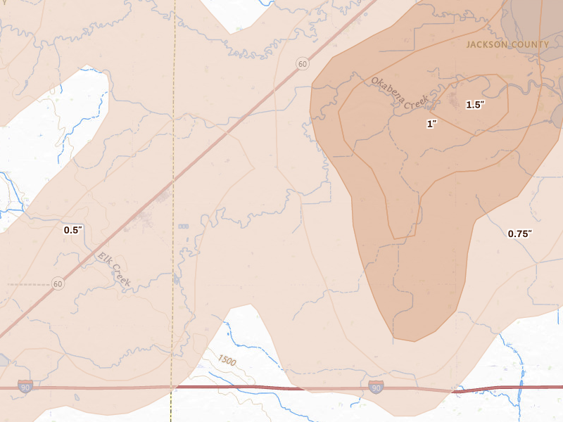 Radar-estimated hail-size map of the storm over Brewster, MN on May 17, 2026