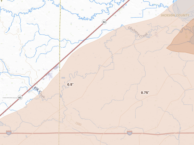 Radar-estimated hail-size map of the storm over Brewster, MN on Jun 29, 2026