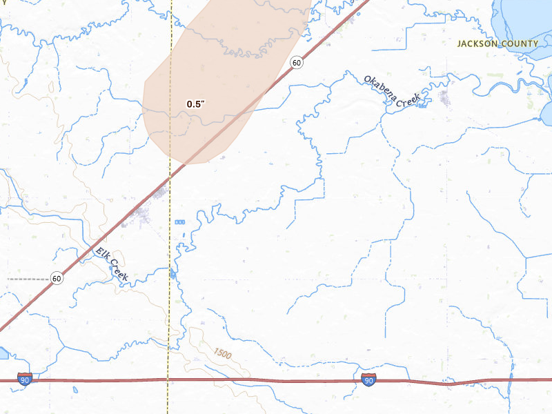 Radar-estimated hail-size map of the storm over Brewster, MN on Jul 2, 2026