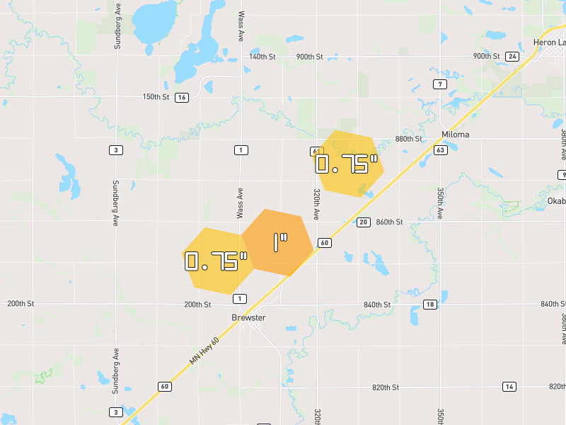 Hail map of Brewster, MN on Jul 2, 2026, hail up to 1"