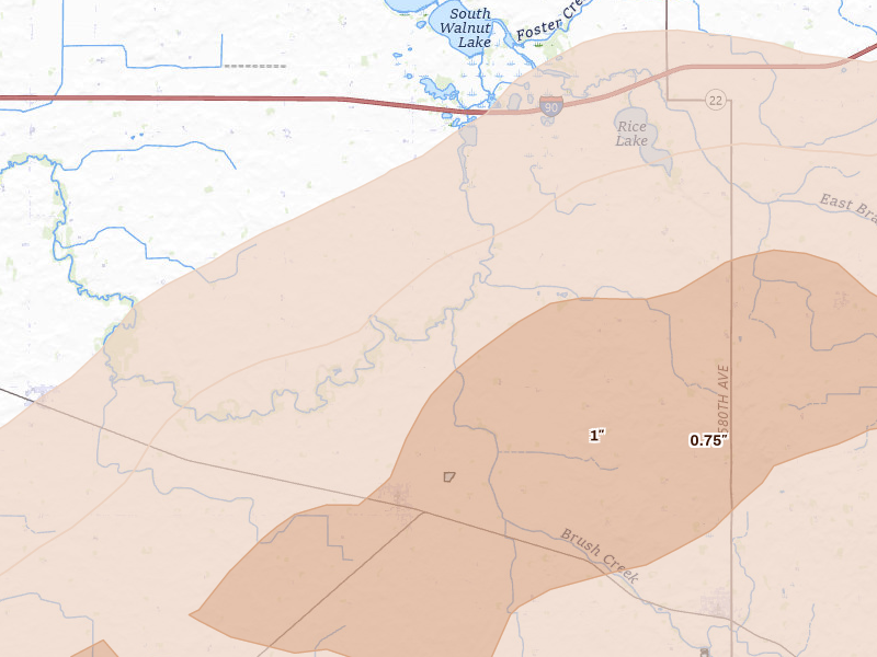 Radar-estimated hail-size map of the storm over Bricelyn, MN