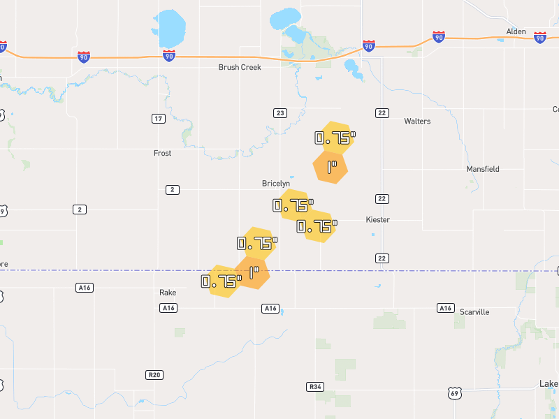 Hail map of Bricelyn, MN on Jun 30, 2026, hail up to 1"
