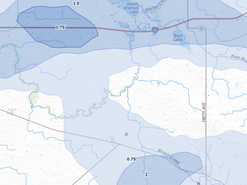 NEXRAD radar-signature map of the hail storm over Bricelyn, MN on Jul 8, 2026
