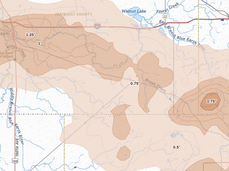 Radar-estimated hail-size map of the storm over Bricelyn, MN on Aug 7, 2026