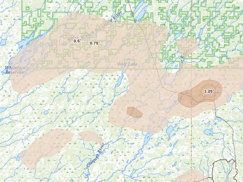 Radar-estimated hail-size map of the storm over Brimson, MN on Jun 29, 2026