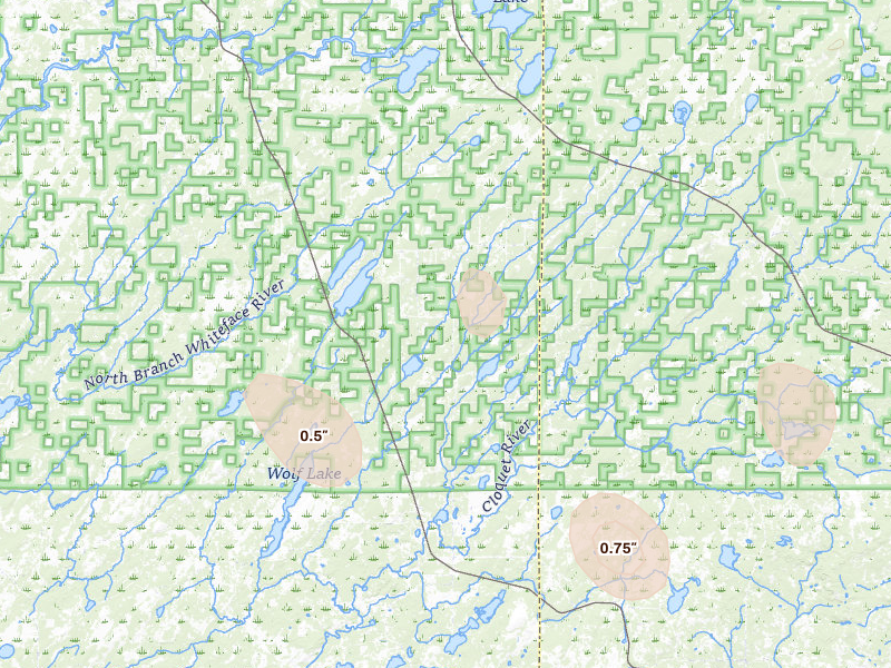 Radar-estimated hail-size map of the storm over Brimson, MN on Aug 3, 2026