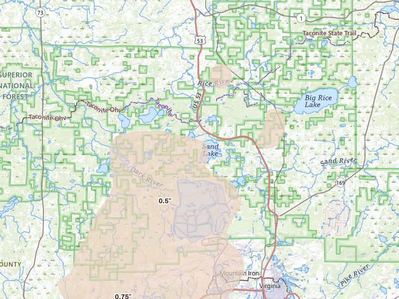 Radar-estimated hail-size map of the storm over Britt, MN on Jun 29, 2026