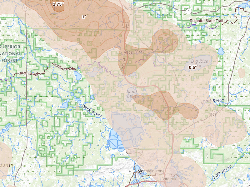 Radar-estimated hail-size map of the storm over Britt, MN on Jul 26, 2026