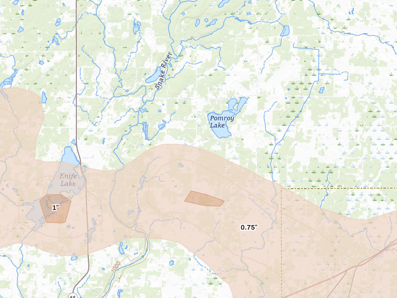 Radar-estimated hail-size map of the storm over Brook Park, MN on Jun 5, 2026