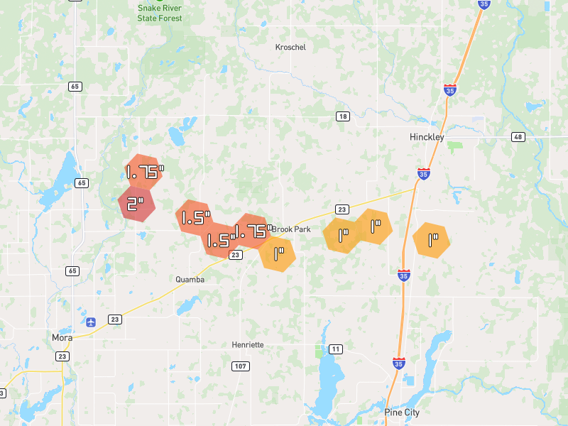 Hail map of Brook Park, MN on Jun 5, 2026, hail up to 2"