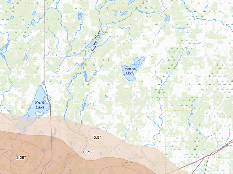 Radar-estimated hail-size map of the storm over Brook Park, MN on Jul 4, 2026