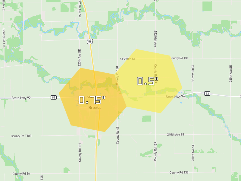 Hail map of Brooks, MN on Jul 6, 2026, hail up to 0.75"