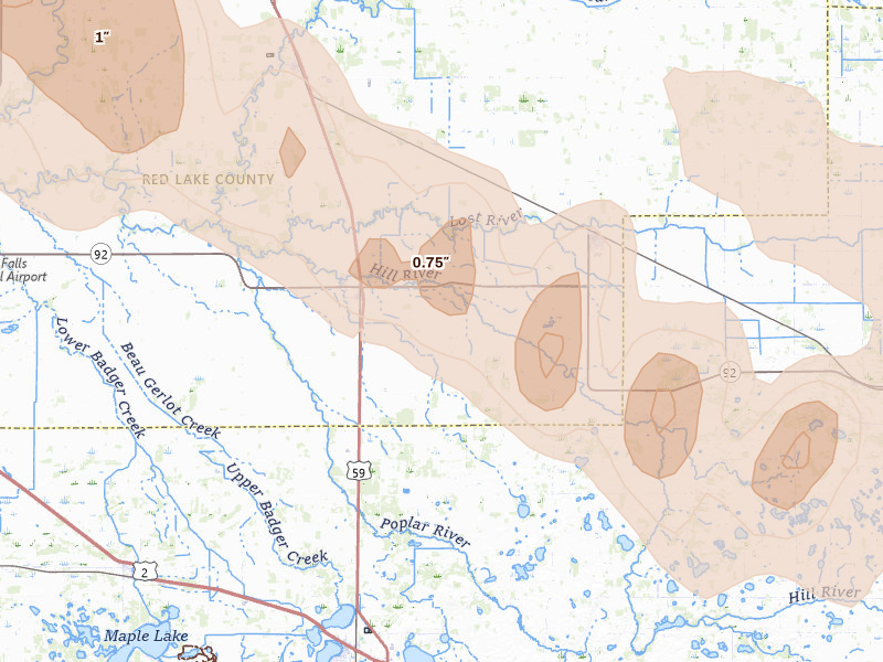 Radar-estimated hail-size map of the storm over Brooks, MN on Jul 24, 2026