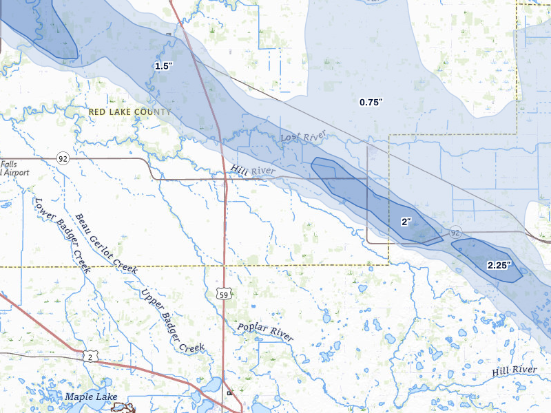 NEXRAD radar-signature map of the hail storm over Brooks, MN on Jul 24, 2026