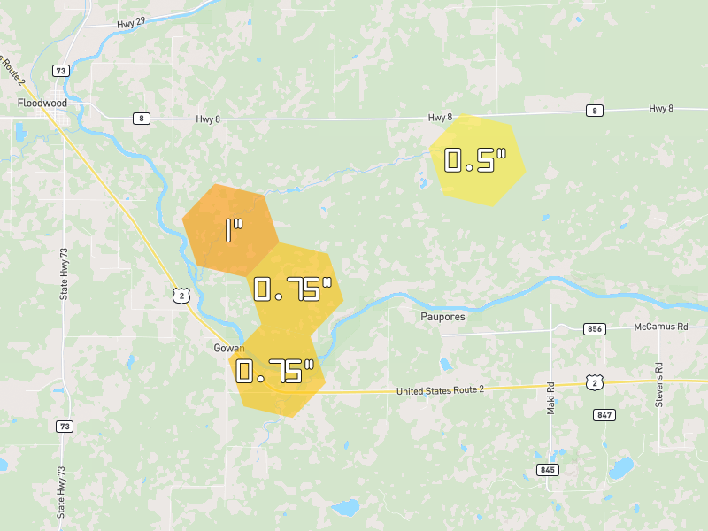 Hail map of Brookston, MN on Jun 30, 2026, hail up to 1"