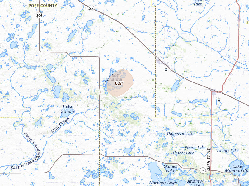 Radar-estimated hail-size map of the storm over Brooten, MN on Jun 4, 2026