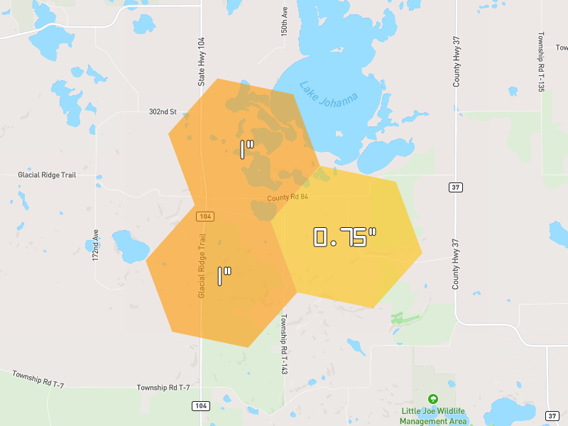 Hail map of Brooten, MN on Jun 4, 2026, hail up to 1"