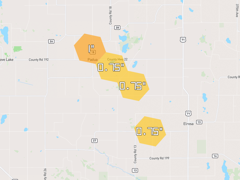 Hail map of Brooten, MN on Jun 5, 2026, hail up to 1"