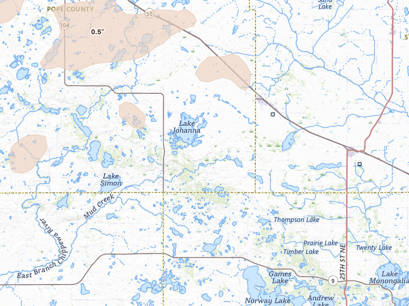 Radar-estimated hail-size map of the storm over Brooten, MN on Jul 7, 2026