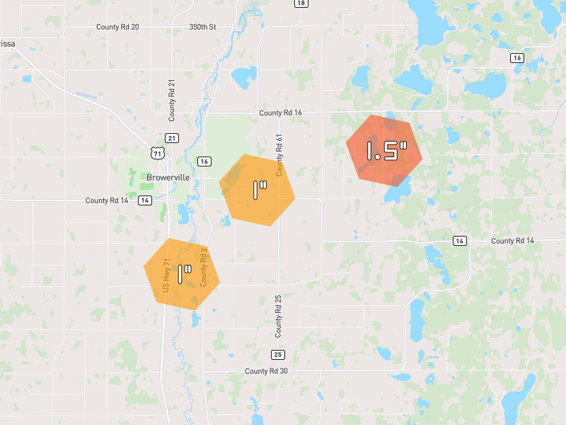 Hail map of Browerville, MN on Jun 30, 2026, hail up to 1.5"