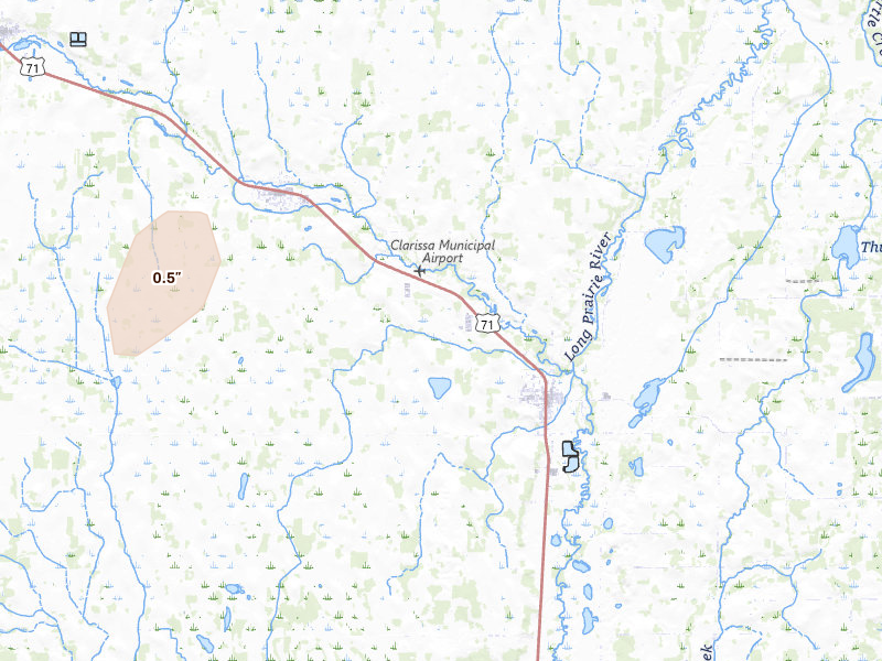 Radar-estimated hail-size map of the storm over Browerville, MN on Jul 7, 2026
