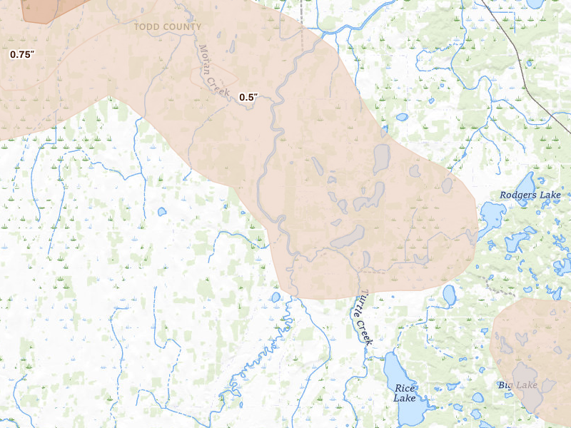 Radar-estimated hail-size map of the storm over Browerville, MN on Aug 17, 2026