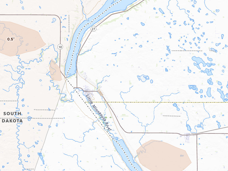 Radar-estimated hail-size map of the storm over Browns Valley, MN on Jul 4, 2026