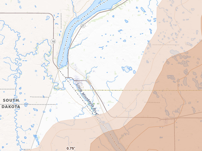 Radar-estimated hail-size map of the storm over Browns Valley, MN on Jul 6, 2026