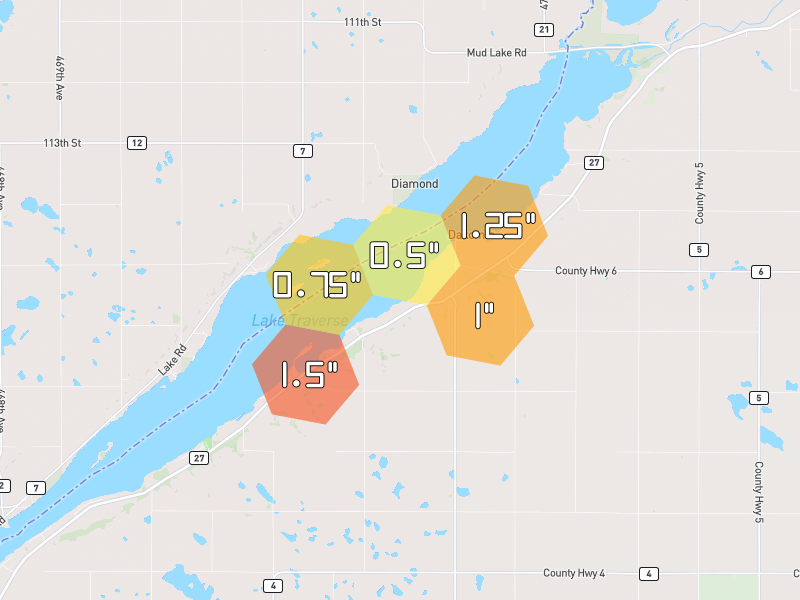 Hail map of Browns Valley, MN on Jul 7, 2026, hail up to 1.5"