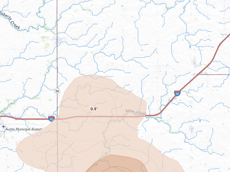 Radar-estimated hail-size map of the storm over Brownsdale, MN on May 26, 2026